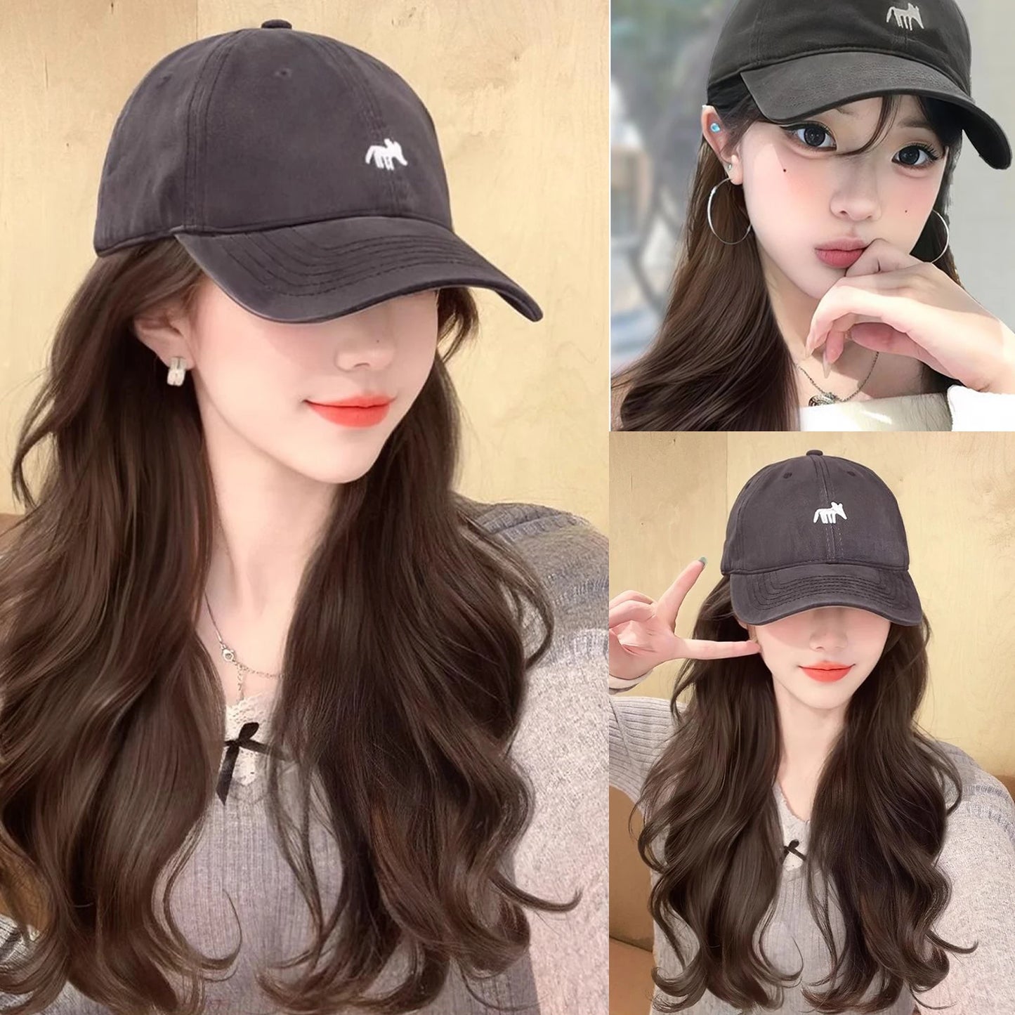 Baseball Cap Wig Natural Wave Hair Extensions With Hat Heat Resistant Synthetic Hair Adjustable Wig Dark Grey Wigs for Women