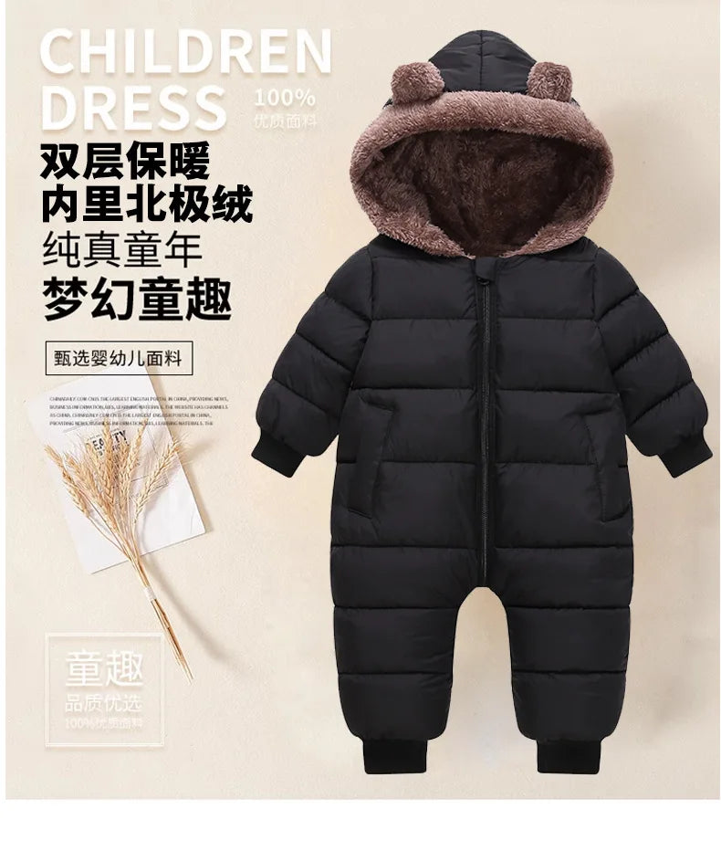 Autumn Winter Newborn Boys Girls Rompers Fleece-lined Zipper Keep Warm Hooded Bodysuits For Baby Kids Children Birthday Present
