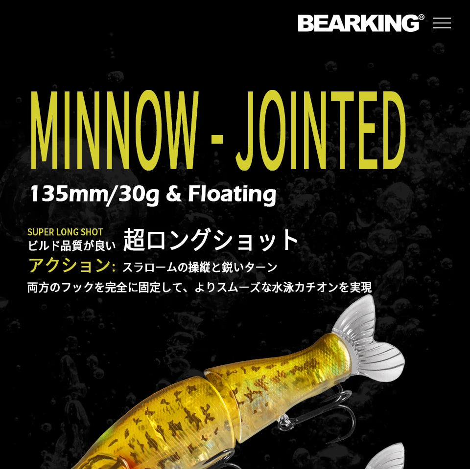 BEARKING Top Fishing Lures 135mm 1oz Jointed minnow Wobblers ABS Body with Soft Tail SwimBaits soft lure for pike and bass