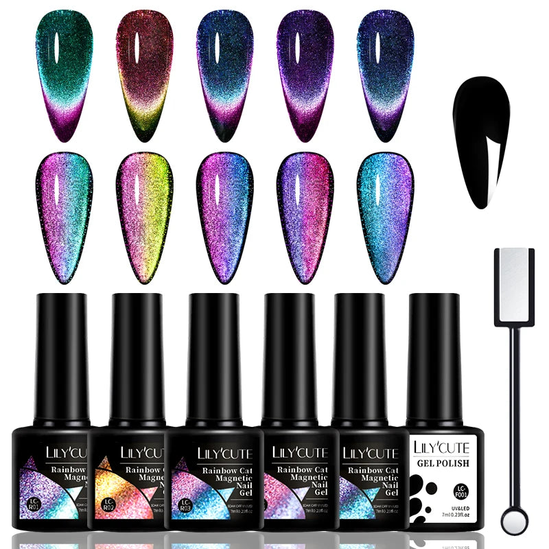LILYCUTE 7Pcs/Set Cat Magnetic Gel Nail Polish Sparking Semi-Transparent Blue Purple Effect Soak Off UV Gel Varnish Nail Art Kit