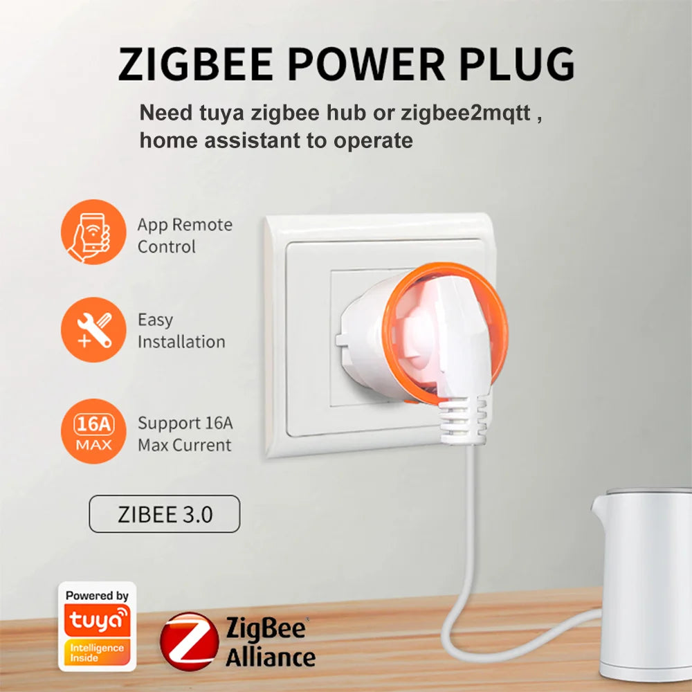 EU 16A Tuya ZigBee Smart Home Energy Monitoring Plug Outlet Socket Alexa Google, Home Assistant, Zigbee2mqttt, Smartthings Hub