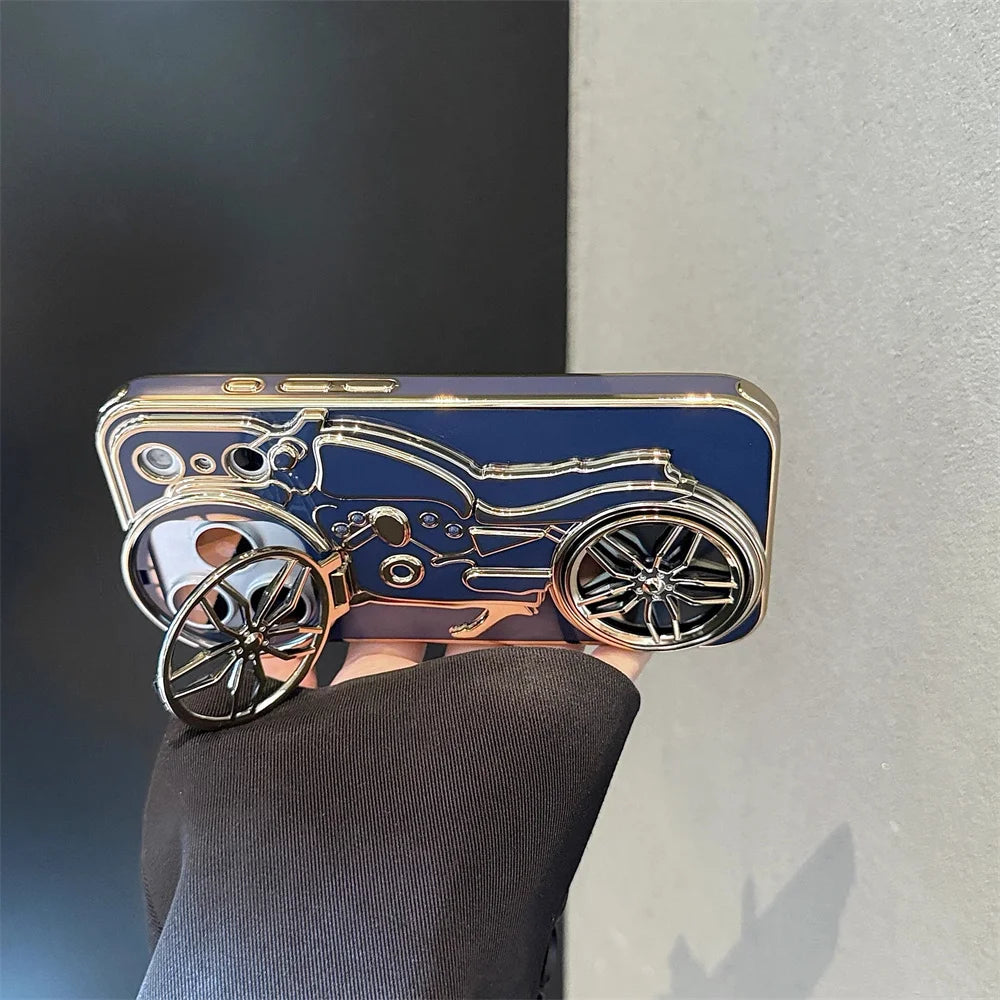 Motorcycle 3D Flip Up Bracket Lens Protection Case for iPhone 12 13 14 15 Plus 16 17 Pro Max Airbag Shockproof Solid Color Cover