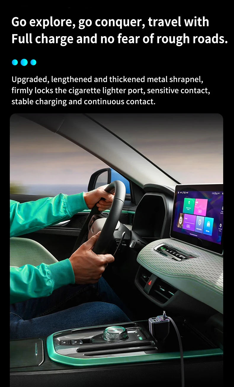 Scalable Car Charger 4in1 Fast Charging Car Charger with 72W Retractable Cable and PD65W USB Port Compatible with Type-C Adapter