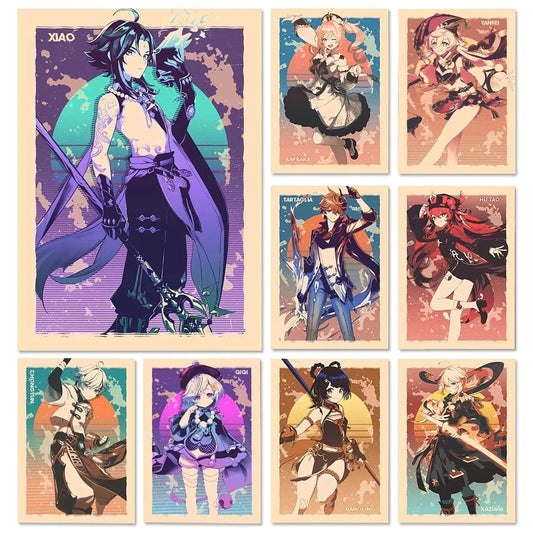 Genshin Game Retro Canvas Poster Ganyu Hu Tao Game  Wall Hanging Painting Anime Wall Art Pictures and Print for Home Room Decor