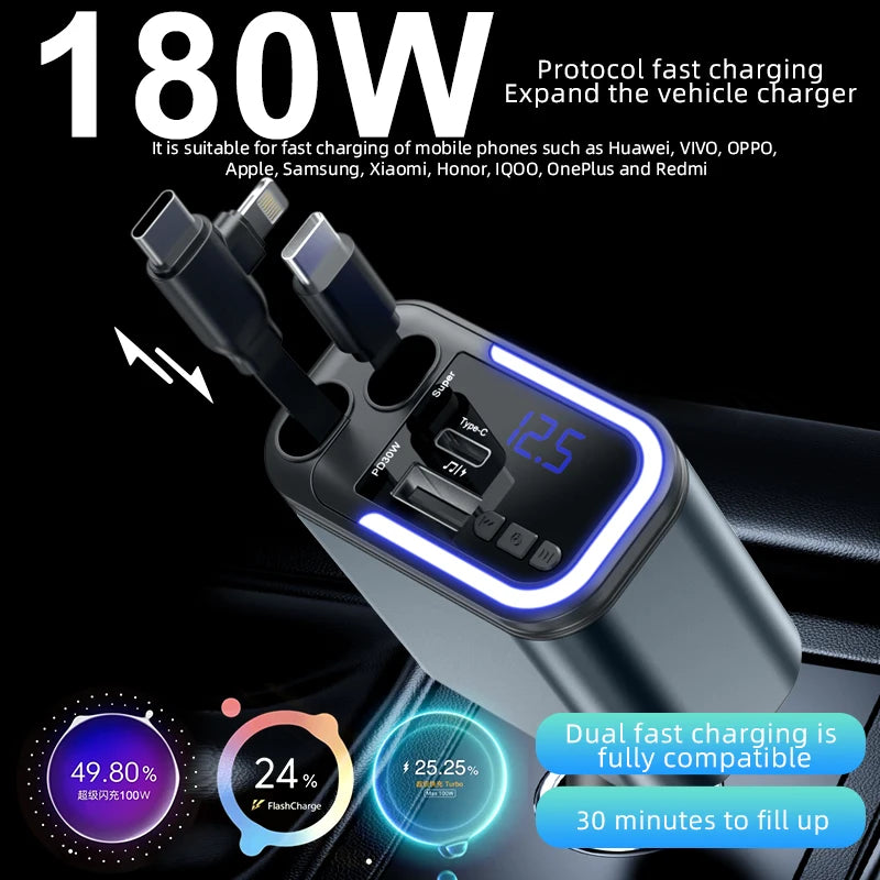 5 IN 1 180W Retractable Car Charger Bluetooth 5.0 FM Transmitter Fast Phone Charger Handsfree Call U-disk Aux with LED Light