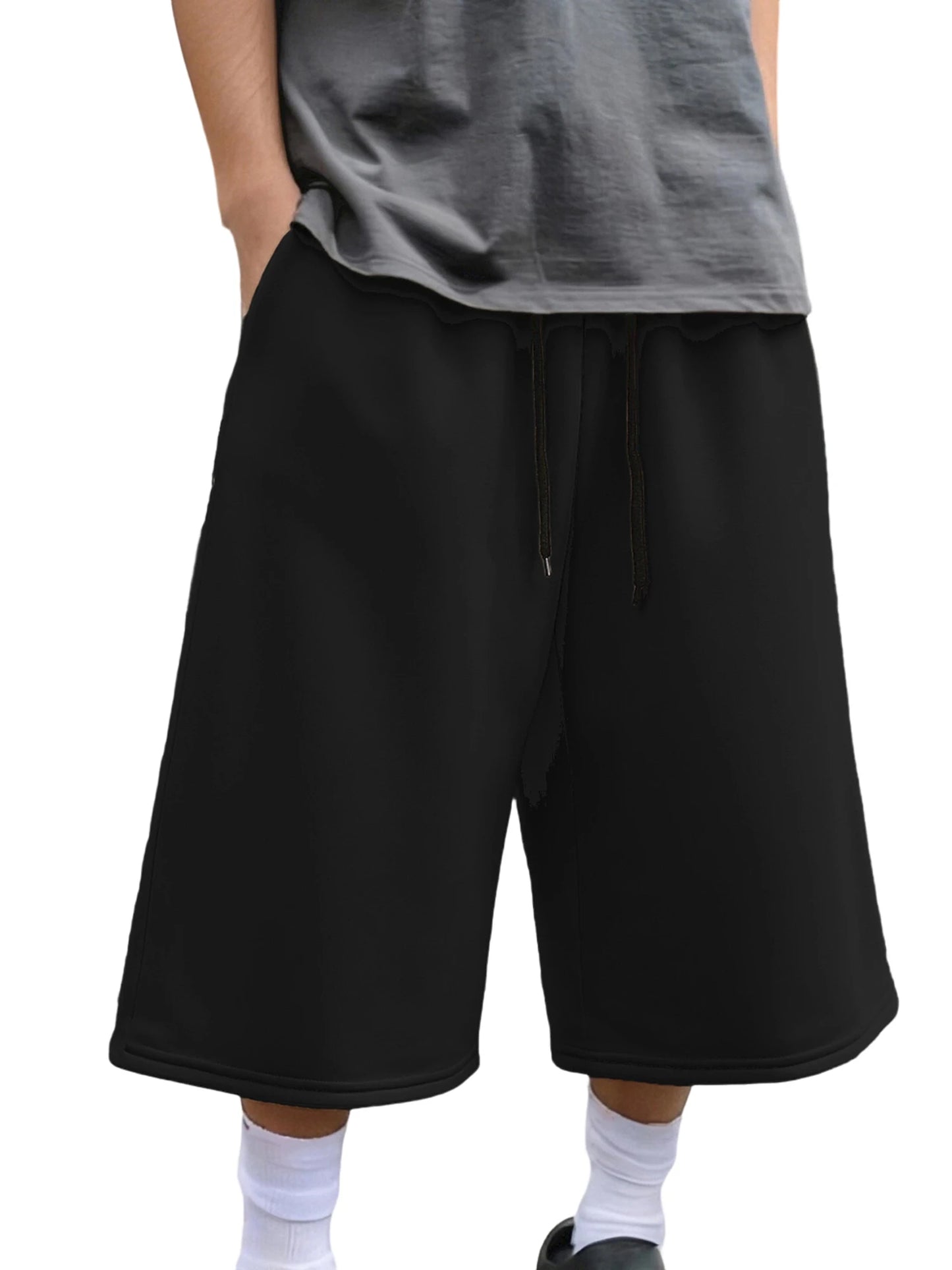 Men's Wide Leg Capri Pants Solid Color Casual 3/4 Length Drawstring Waist Sweatpants with Pockets for Sports, Gym