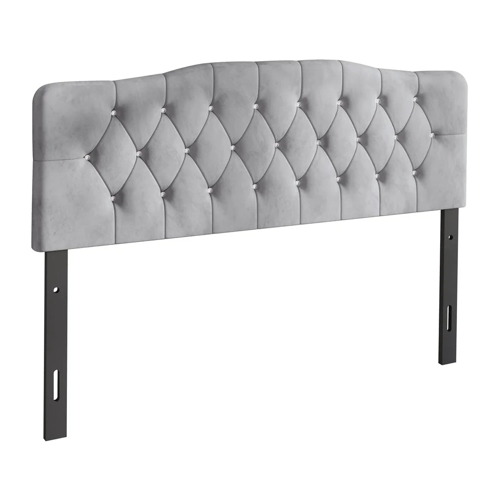 Upholstered Tufted Headboard Adjustable Height Silver Grey Velvet Queen Size Luxurious Comfortable Bedroom Focal Point Modern