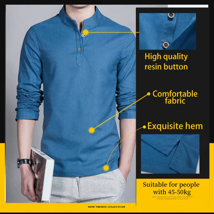Men’s Solid-color Cotton Linen Shirt Long Sleeve Plus Size Casual