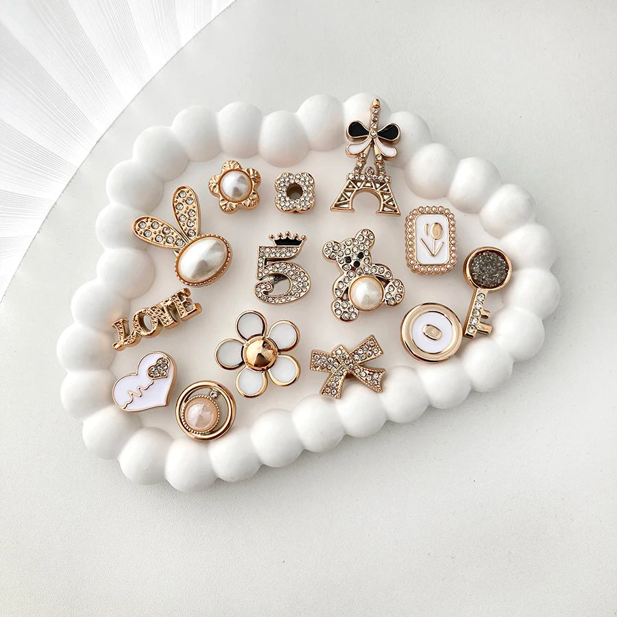 14pcs Sparkling Golden Faux Pearl Shoe Charms Pins Set DIY Detachable Shoe Decoration Suitable For CROCS Clogs Party Gift Idea