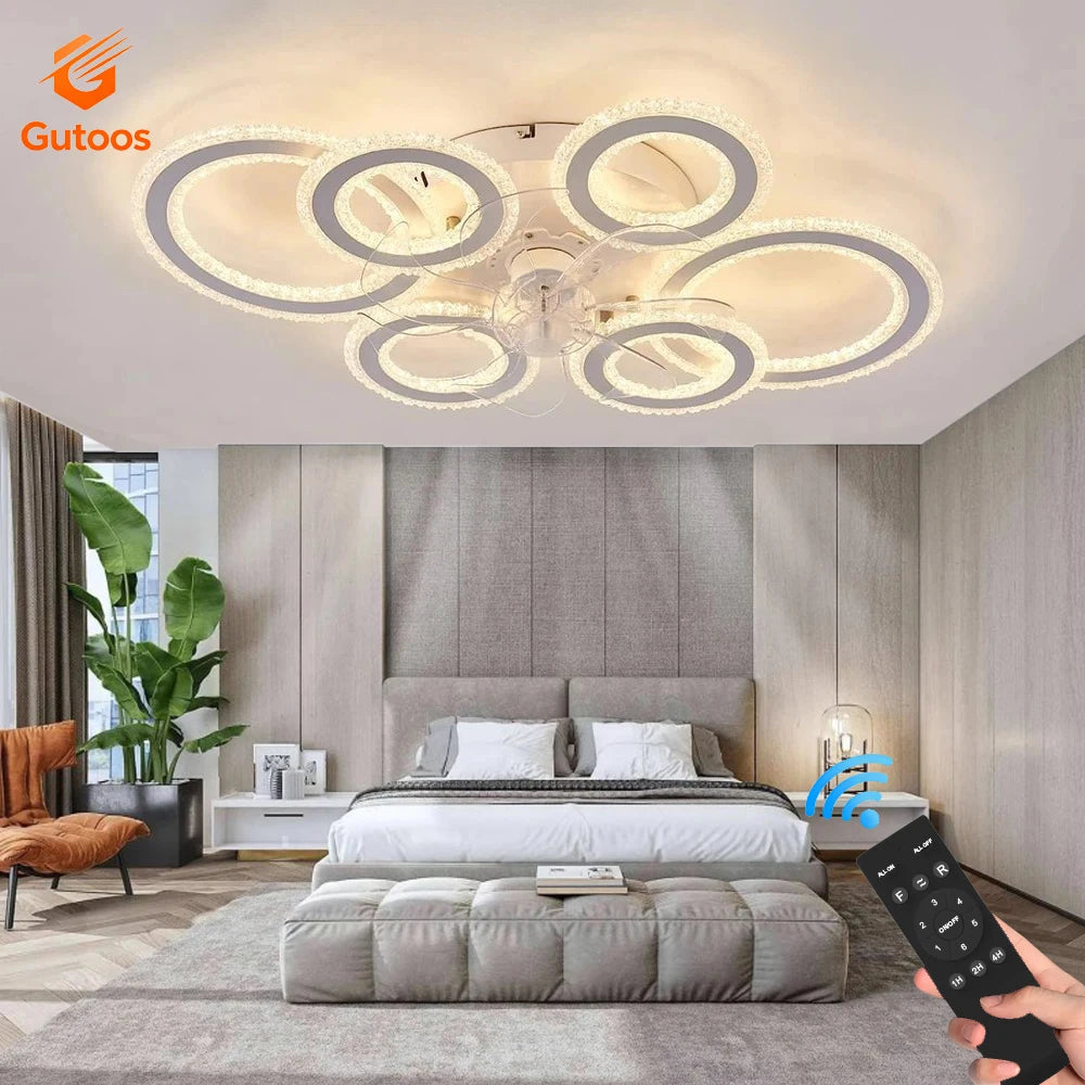 Smart Ceiling Fan with Lights Remote Control 6 Speeds Modern Circular Ring LED Fan Lamp Fixtures Kitchen Bedroom Home Fan Lamp