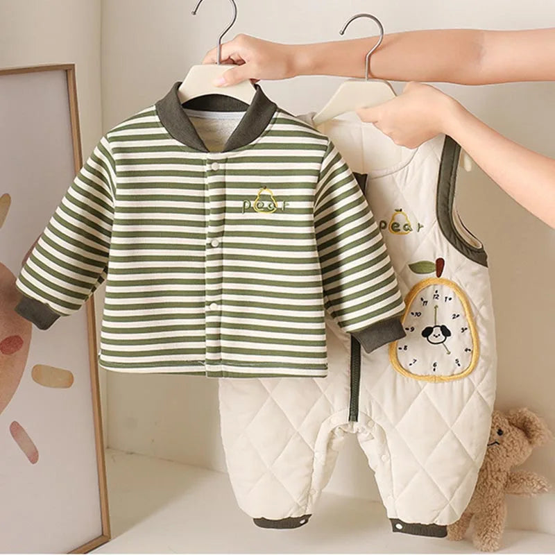 Baby Toddler Fall/Winter Clothing Newborn Thickened Separate Set Baby Boy Striped Sweatshirt Super Cute Quilted Overalls