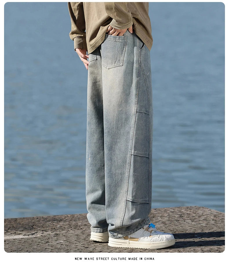 Jeans men's American high street vintage washed crease splicing men's spring and fall models loose straight pants