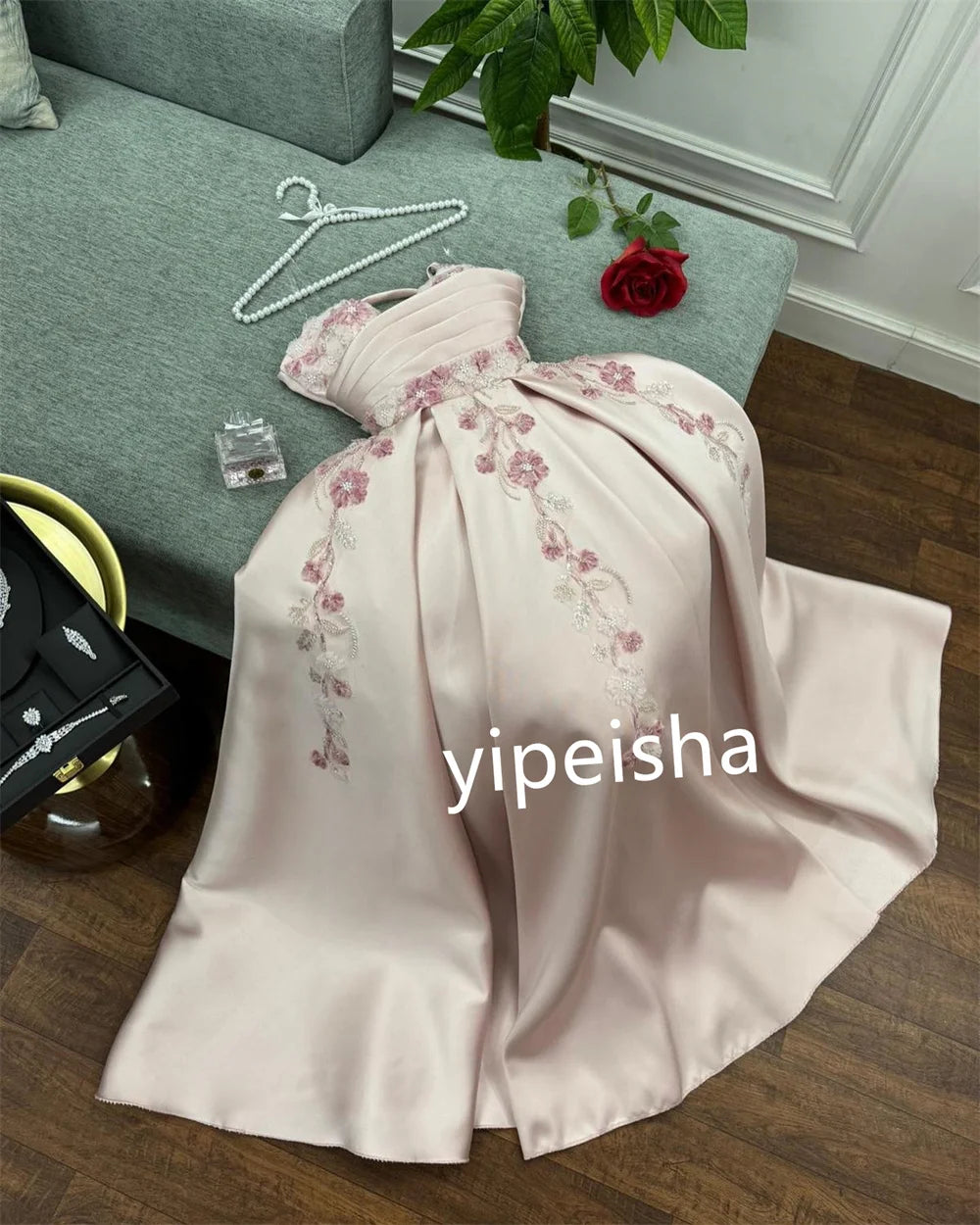 Customized Satin Sequined Applique A-line Strapless Midi Dresses Prom Dresses Modern Style Pastrol Chinese Style Fashion Sexy