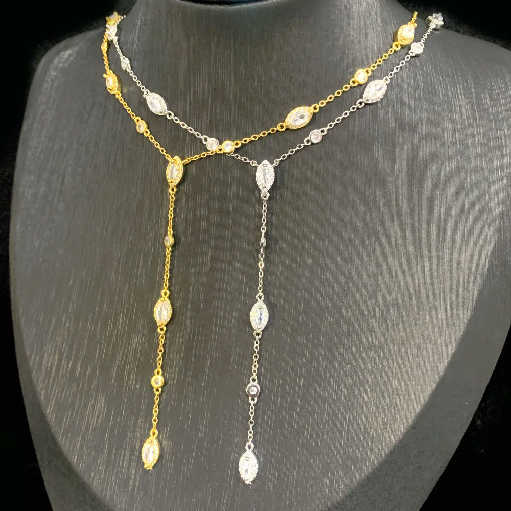 New Fashion Trendy Women Jewelry Micro Paved Geometric Round Marquise CZ Charm Link Station Chain Choker Y Lariat Necklace
