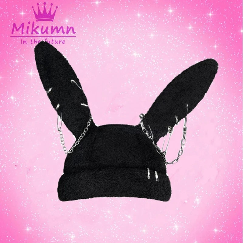 Gothic Grunge Rabbit Ear Hat Harajuku Y2k Punk Chain Pin Metal Ring Lambswool Black Hat Women Girls Winter Warm Chic Streetwear