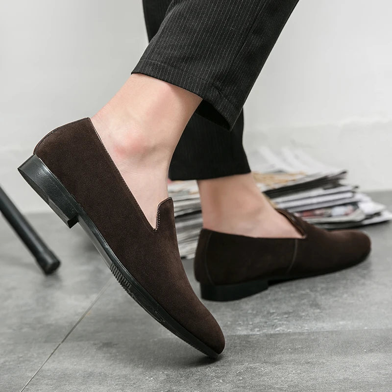 Fashion Classic Men Suede Shoes Male Pointed Brown Black Slip On Loafers Wedding Dress Homecoming Formal Footwear Zapatos Hombre