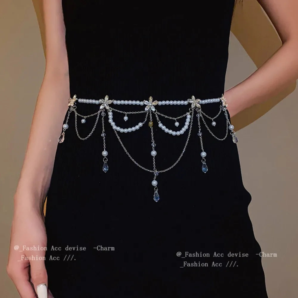 Fashion Elegant Pearl Waist Chains Waist Accessory Versatile Floral Belly Chain Boho Hip Chain Women