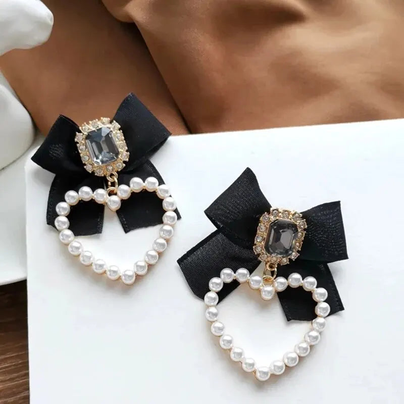 Black Bowknot Square Glass Heart Charm Drop Earrings Gold Color Heart Metal Imitation Pearl Surround Ins Girls Party Jewelry