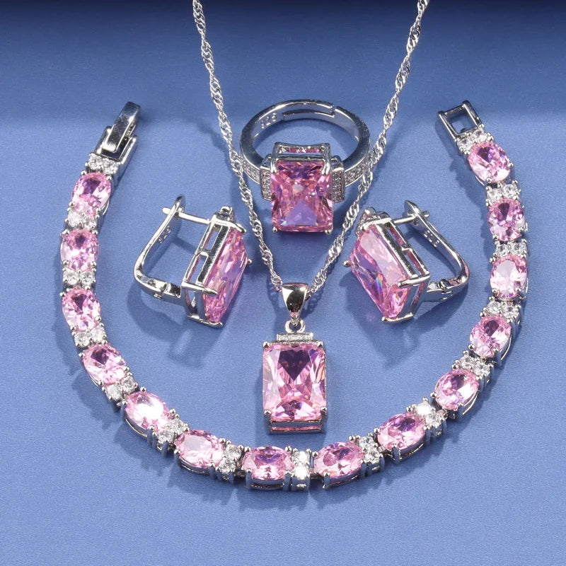 Rectangle 925 Silver Jewelry Accessory Fashion Vintage Original Set Of Earrings Women's Ring  Hand Bracelets Necklace Pendant