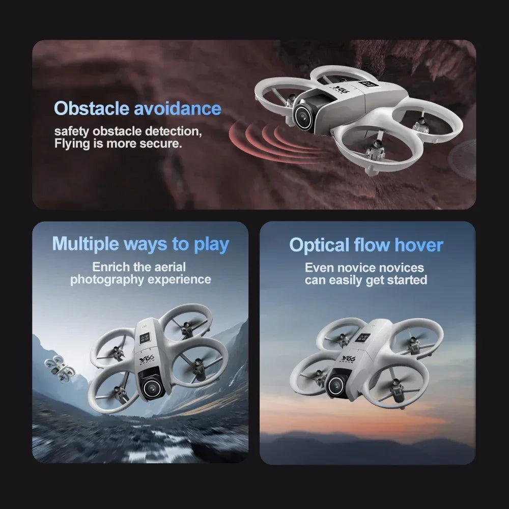 New Mini Drone V66 with 180° Adjustable 4K HD WiFi Camera LED Light Pocket RC Quadcopter Obstacle Avoidance for Adults Kids