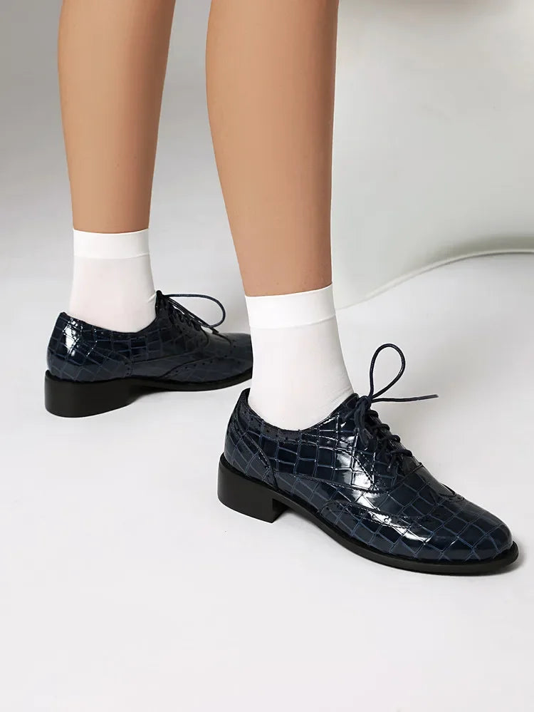 2025 Women Shoes Spring New Fashion Round Toe Lace Up Retro Single Shoe for Office Party Walk Thick Low Heeled big Size 48 775-1