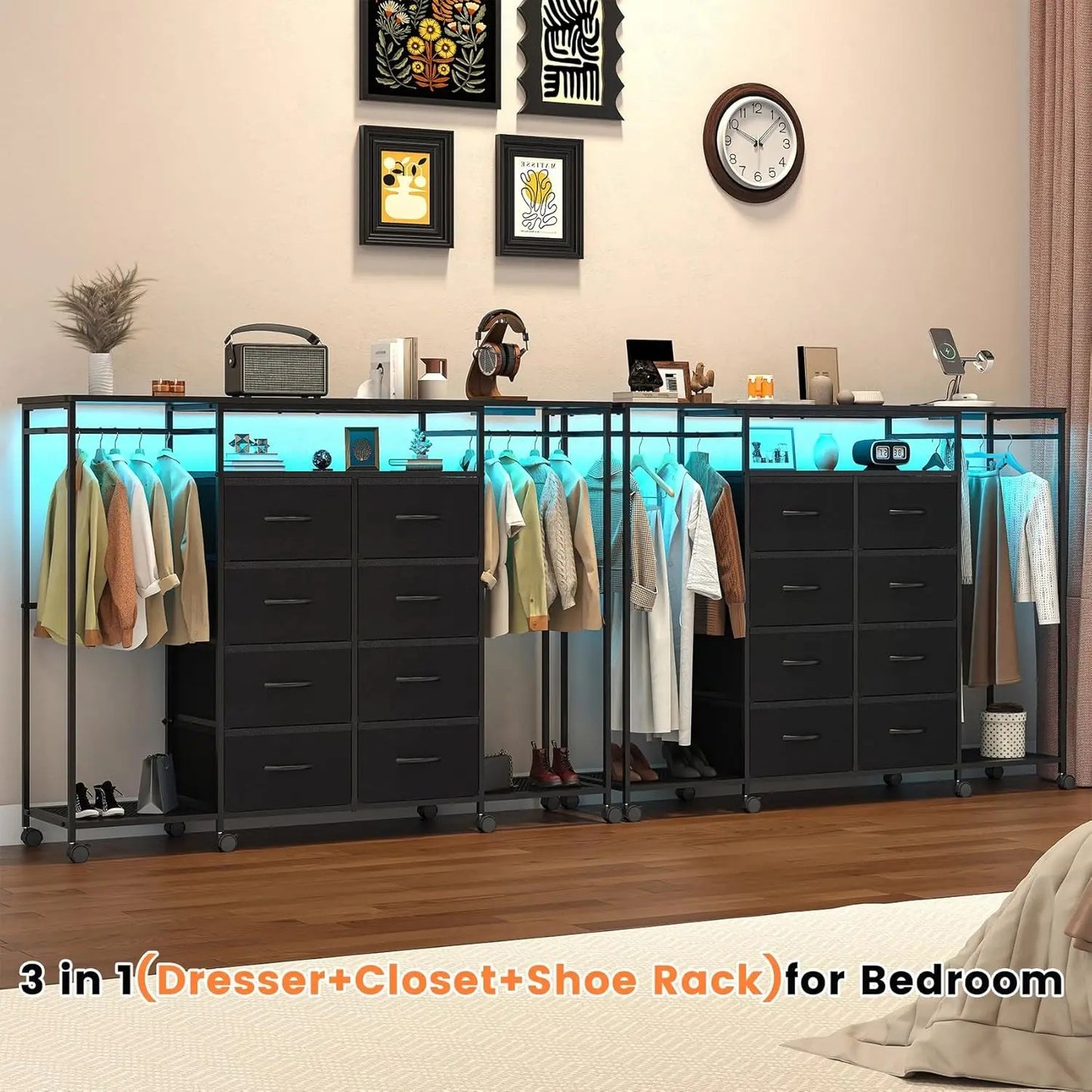 59.1" W Dresser for Bedroom with Hanging Rack, 8 Drawer Dresser with LED Lights &amp; Charging Station, Fabric Dressers