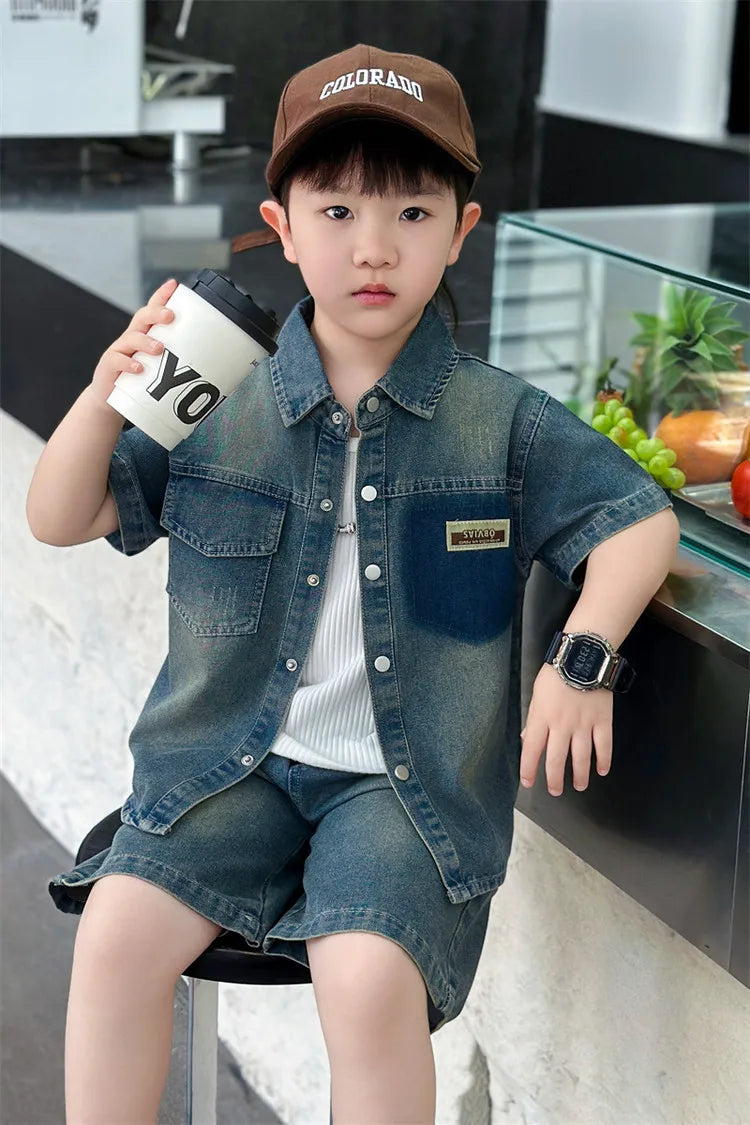 2025 Trendy Boys' Denim Set Vintage Wash Short Sleeve Shirt & Shorts 2-Piece Summer Outfit