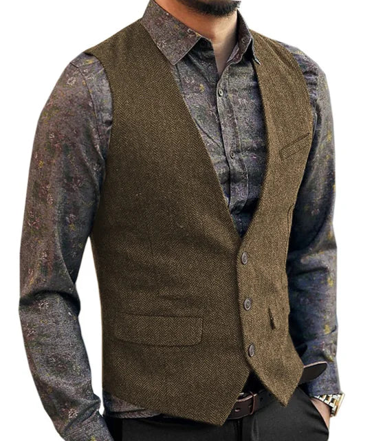 Deep V-Neck Suit Vests  Classical Formal  Business Herringbone  Wood Waistcoat Slim Fit Men's Vest For Wedding