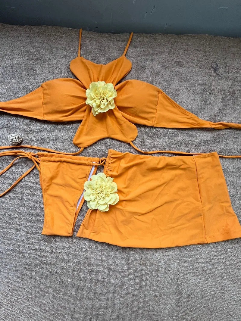 Neck Bikini with Skirt 3D Flowers Halter Bikini Female Swimsuit Women Swimwear 3 Piece Bikini Set Bather Bathing Suit Swim