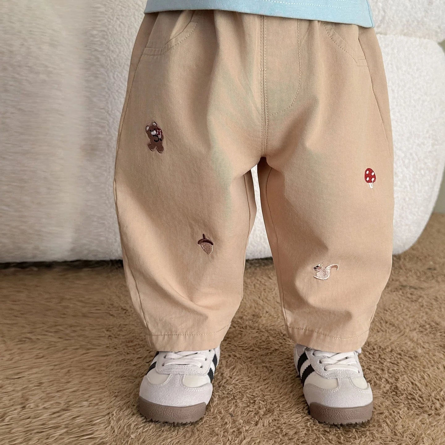 2025 Fall New Toddler Kids Pants Cotton Cartoon Embroidered Harem Pants Baby Boy Casual Striped Denim Baggy Trousers
