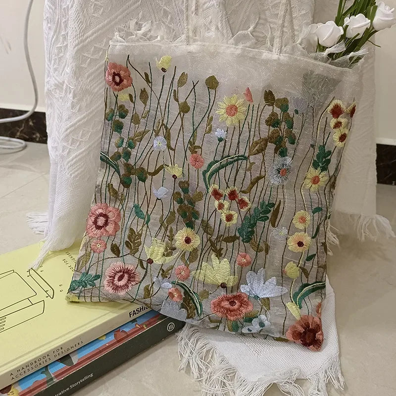 1Pc Fashion Tote Summer New Style Mesh Full Embroidery Flowers Clear Shoulder Bag Romantic Handbag Women's Eco Shopping Bag 2025