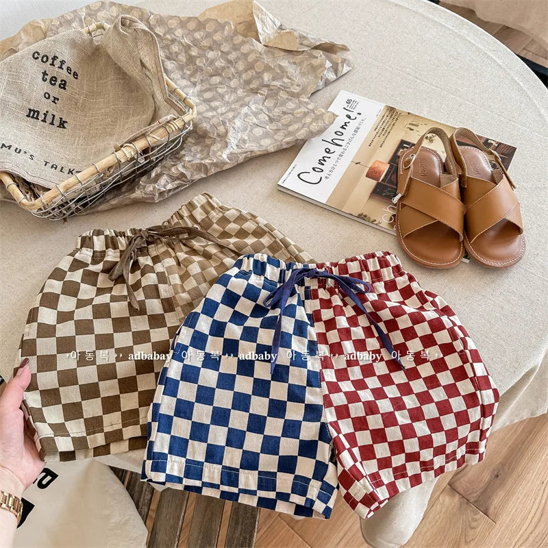 deer jonmi 2023 Summer Korean Style Children Plaid Patchwork Shorts Baby Boys Casual Chic Loose Shorts Kids Clothes