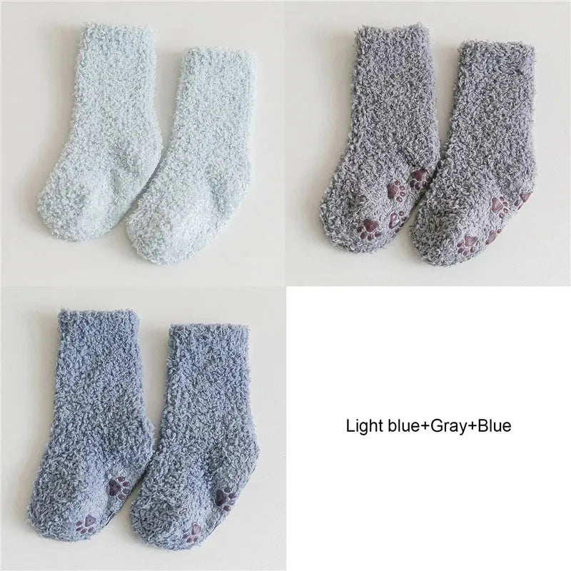 3Pairs Autumn and Winter Thick Baby Toddler Socks for Girls and Boys Coral Fleece Non-slip Baby Floor Foot Socks 0-5Y Children