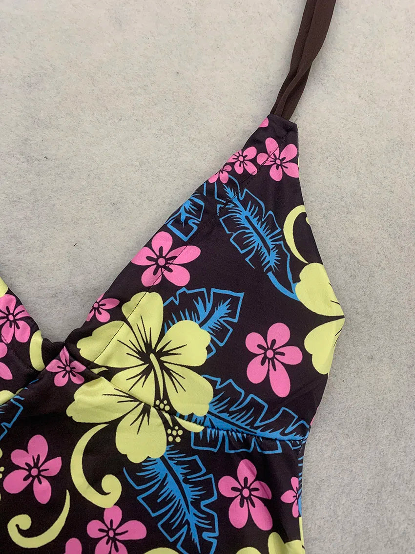Retro Hawaiian Style Women Tankini Swimwear Floral Halter V Neck Shir Top Matching Brown Short Bottom Self Tie Waist Beach Suits