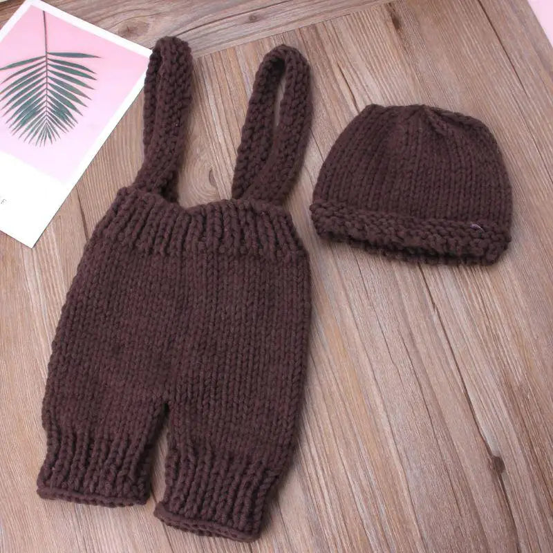 Q1FE Baby Hat Crochet Overalls Costume for Photo Retro Baby Photo Props