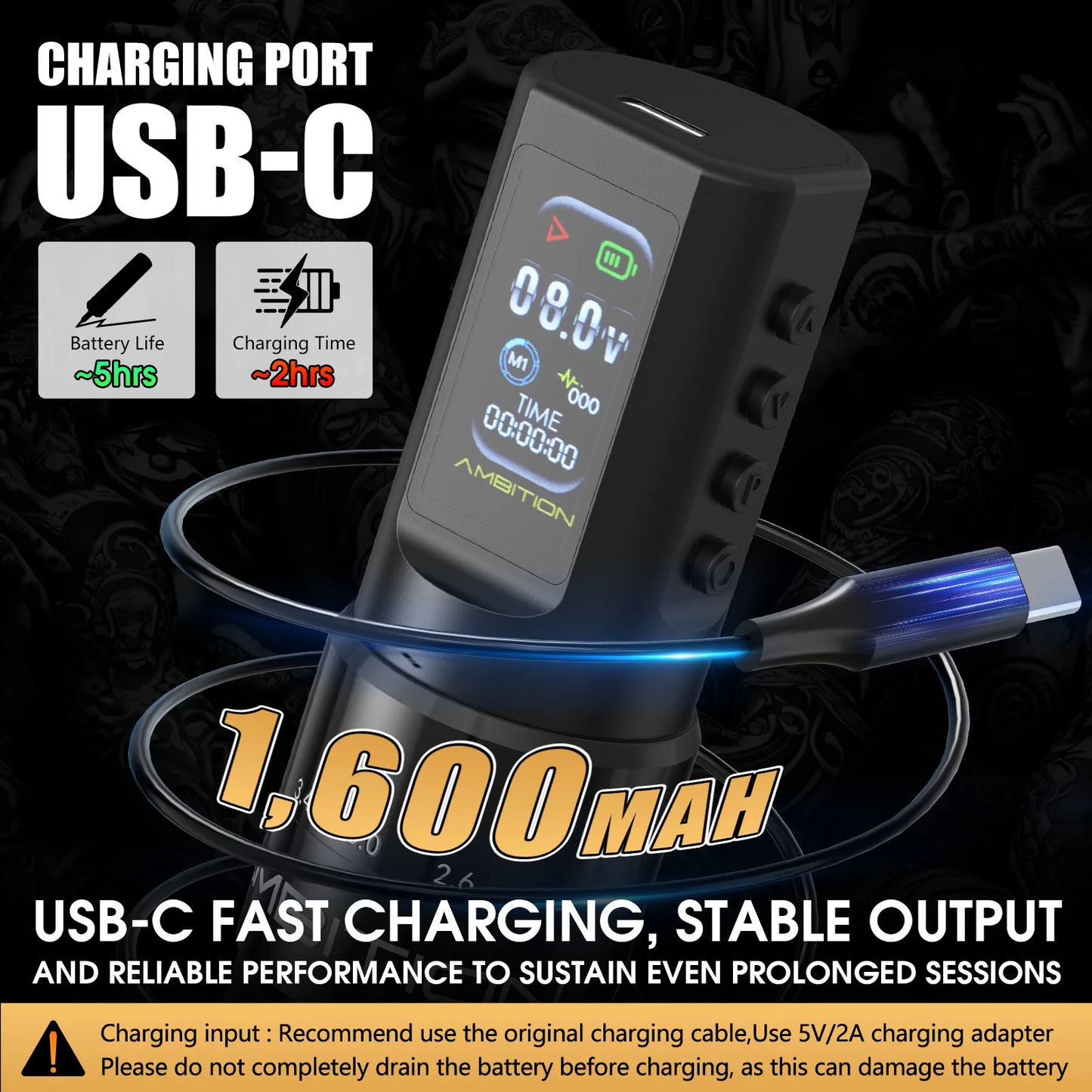 Ambition C2 Kit Wireless Tattoo Machine Pen 7 Adjustable Stroke Coreless Motor 1600mAh Battery Makeup Microplasty Pen For Tattoo