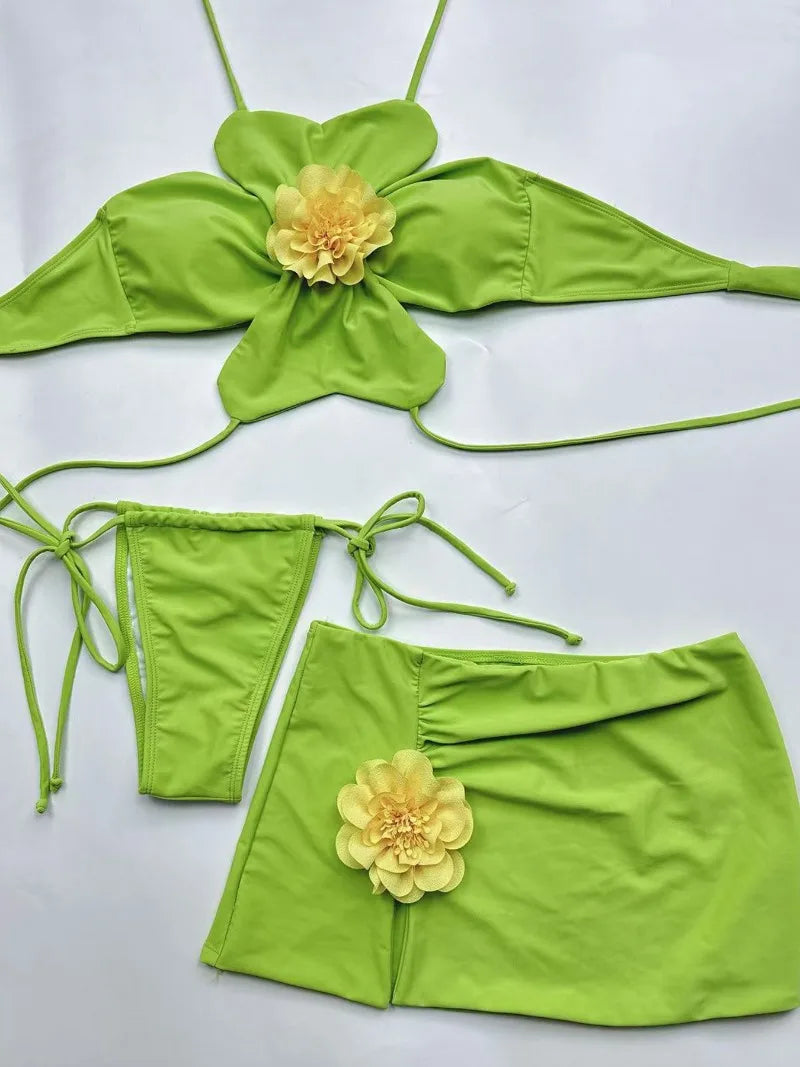 Neck Bikini with Skirt 3D Flowers Halter Bikini Female Swimsuit Women Swimwear 3 Piece Bikini Set Bather Bathing Suit Swim