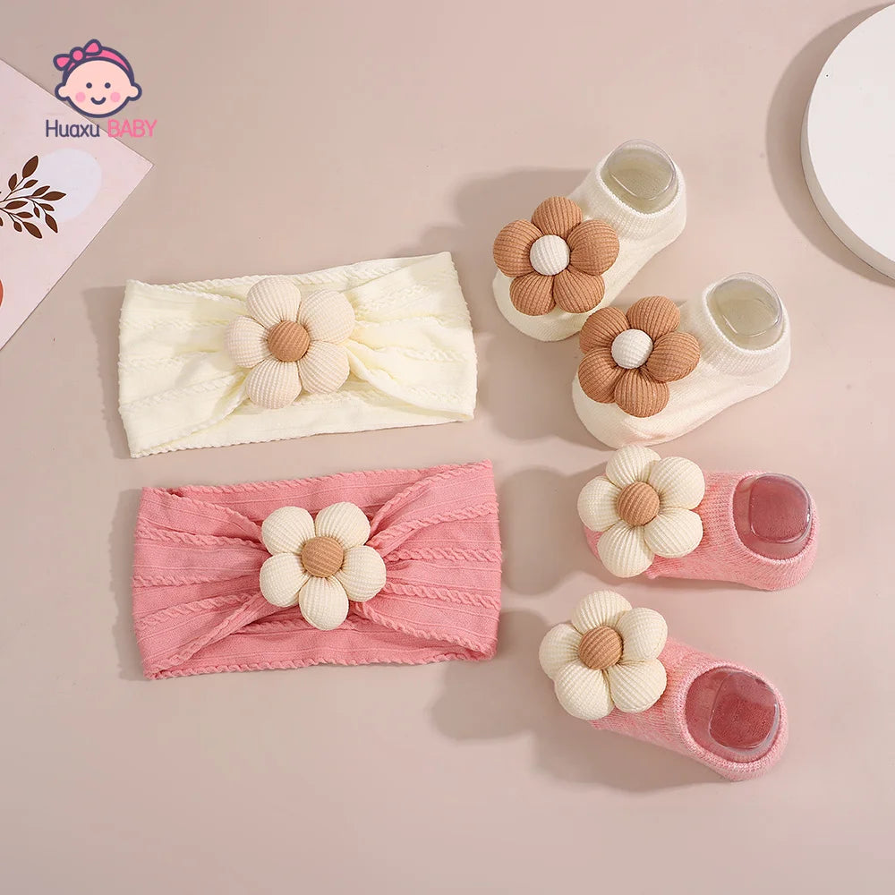 2Pcs Set Baby Floral Headbands and Socks Knitted Flower Elastic Hairbands Cute Newborn Girls Photo Props Baby Hair Accessories