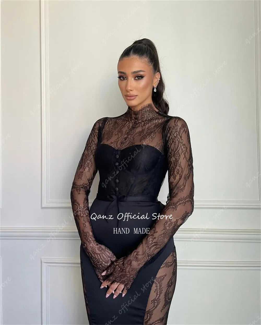 Qanz Modern Black Illusion Prom Dresses Lace Long Sleeves Mermaid Evening Dress Bottons Women Special Party Gown Customized
