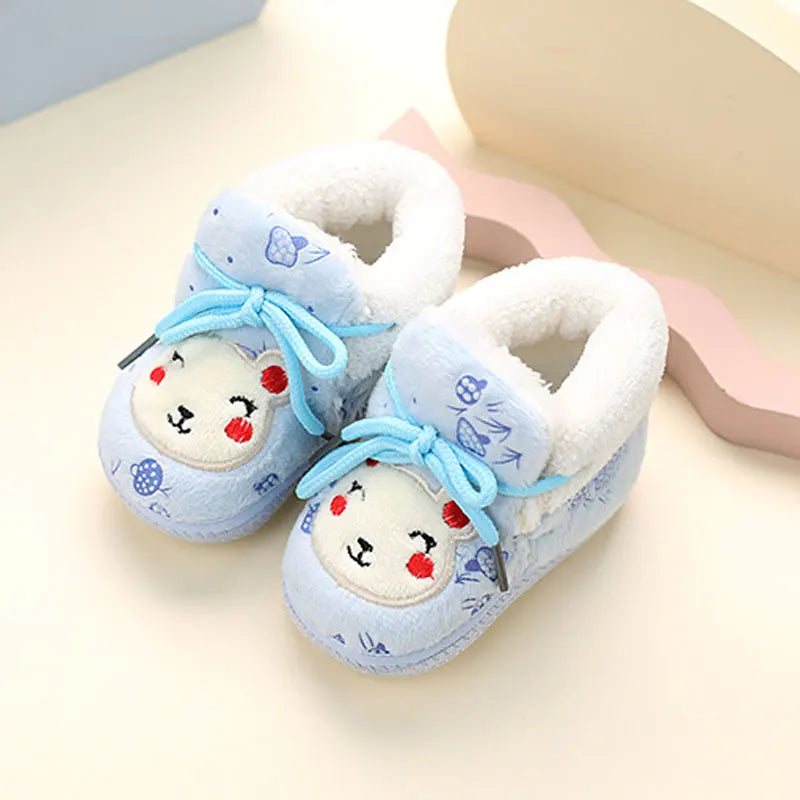 Baby Walking Shoes with Warm Plush Kids First Walker Boots Comfortable Cute 2025 Winter New Girls Casual Boots with Cute Bears