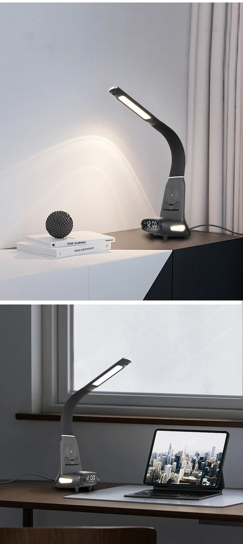 Multi-Function Eye-Protecting Reading Desk Lamp for Students 3000K-6000K Stepless Dimming 15W Wireless Fast Charging Study Light