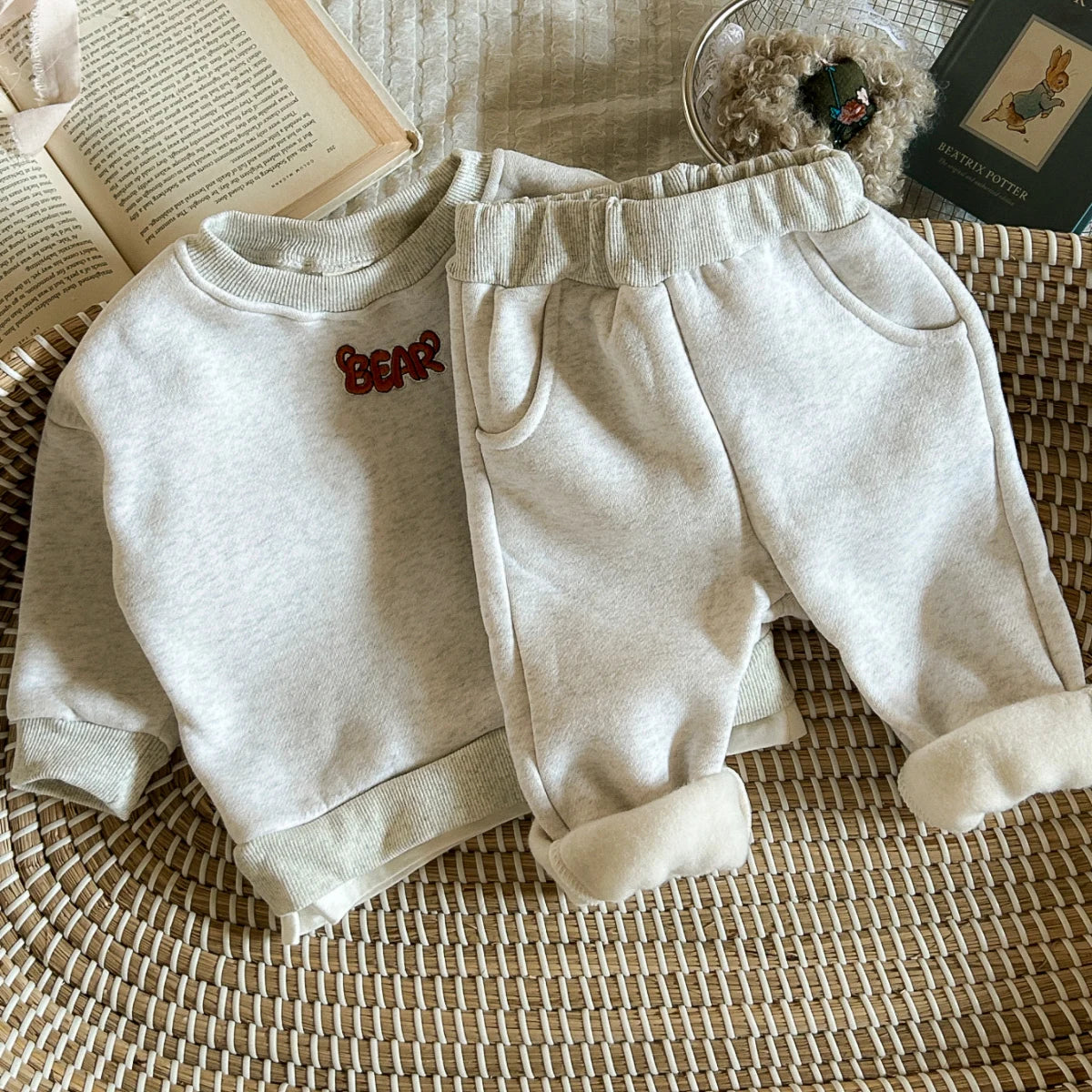 Winter Infan Baby Outfits Boy Girl Sets Velvet Cartoon Little Bear Print Cotton Long Sleeve Tops+Pants Baby  Children Clothing