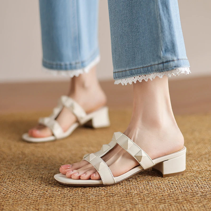 Heeled sandals women's sandals summer  trend luxury Gladiator Genuine Leather Heeled Slippers Rivets Strappy High Heels shoe