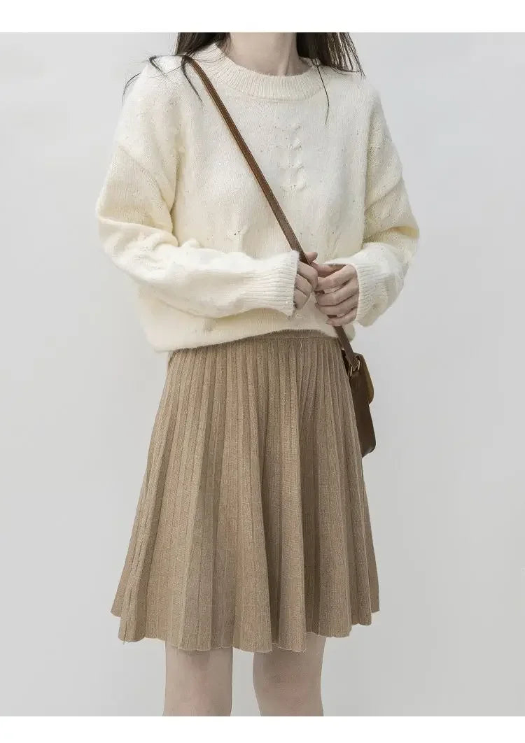 Clothes for Women Autumn Winter Korean Fashion Sexy Sweet Chic Pleated Skirts Elegant High Waist Solid Slim A-line Knitted Skirt