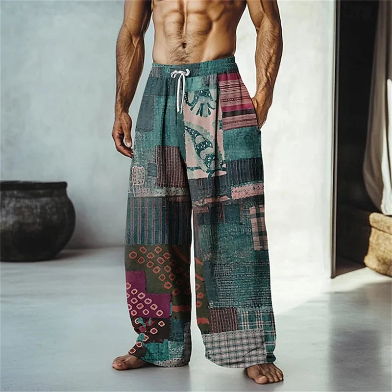 New men's loose fit casual pants with 3D printed geometric patterns, fashionable and comfortable wide leg pants