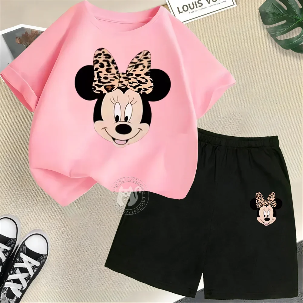 Summer Cartoon Boys & Girls 100% Cotton T-shirt + Shorts Kids Disney Open Minnie Print Fashion Street Boys & Girls Casual Suit