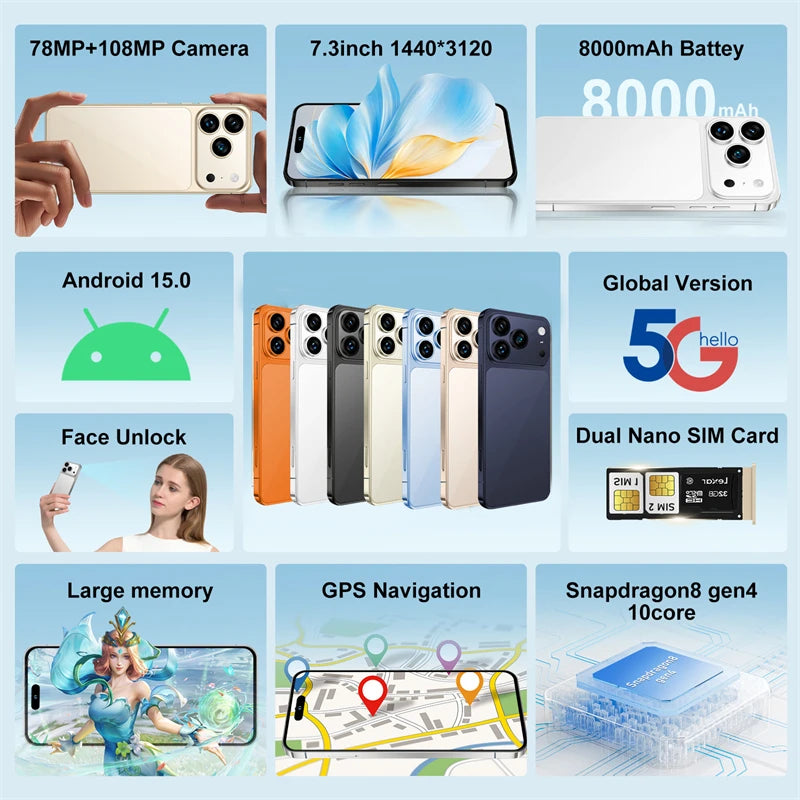 HOT i17 Pro Max Original 2026 7.0HD Global Edition Android 15 Smart Facial Function Dual Card 8000mAh Battery Recognition GG2