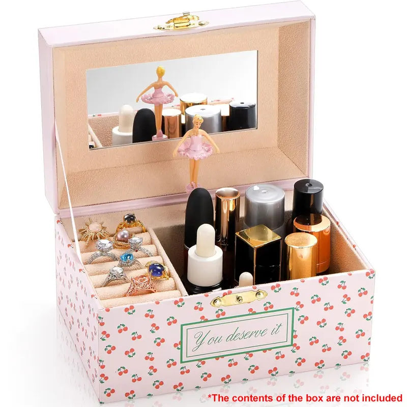 Cherry Musical Jewelry Box Pink Music Box w/ Mirror, Spinning Girl, Cute Jewelry Storage Case Desk Organizer for Girls Birthday