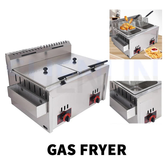 12L Stainless Steel Gas Fryer Countertop Fried Chicken French Fries Machine Commercial Deep Fryer Machine with Dual Tanks