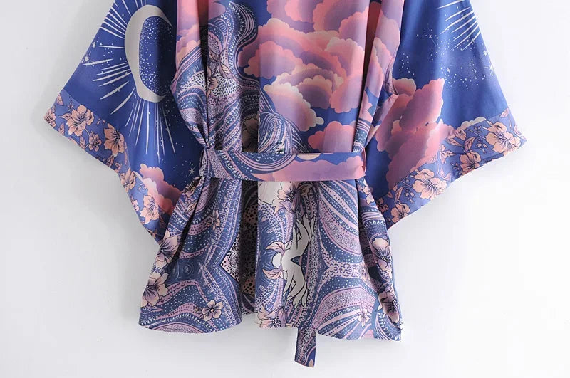 Happie Queens Vintage Star and Moon Floral Print Sashes Women Bohemian V Neck Batwing Sleeves Happie Short Robe Kimono